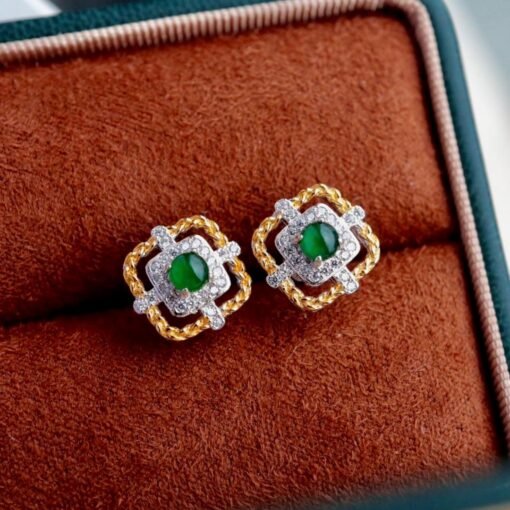 Natural jadeite Stud Earrings /Sterling 925Silver 18k Gold-Plated green jade Studs/Customize gift box/anniversary gift/Dainty retro earrings - Image 5