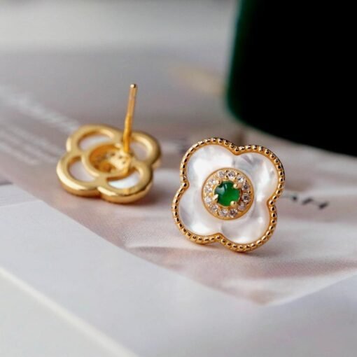 Natural jadeite Stud Earrings /Sterling 925Silver Gold-Plated green jade Studs with white shell/Customize gift box/four-leaf clover earrings - Image 4
