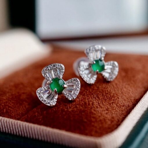 Natural jadeite Stud Earrings /Sterling 925Silver 18kGold-Plated green jade Studs/Customize gift box/anniversary gift/Dainty clover earrings - Image 5