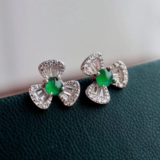 Natural jadeite Stud Earrings /Sterling 925Silver 18kGold-Plated green jade Studs/Customize gift box/anniversary gift/Dainty clover earrings - Image 3