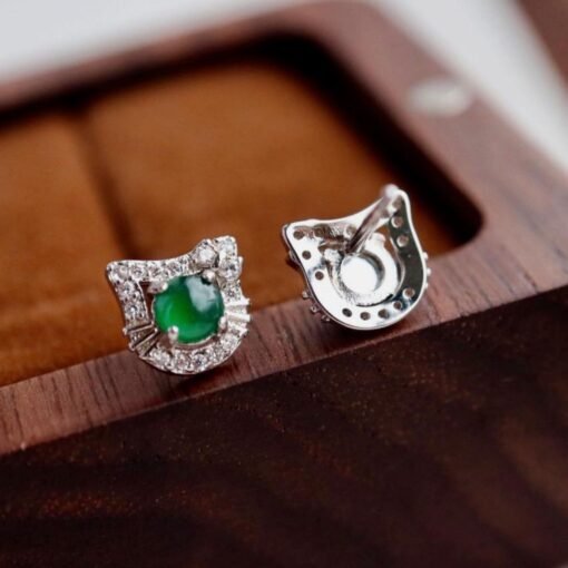 Natural jadeite Stud Earrings /Sterling 925 Silver 18k Gold-Plated green jade Studs/Customize gift box/anniversary gift/Dainty cat earrings - Image 4