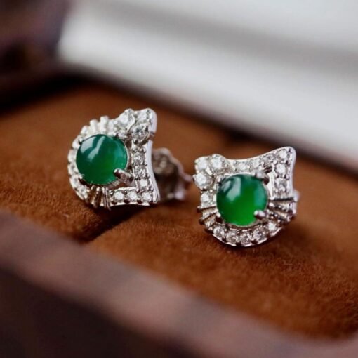 Natural jadeite Stud Earrings /Sterling 925 Silver 18k Gold-Plated green jade Studs/Customize gift box/anniversary gift/Dainty cat earrings - Image 3