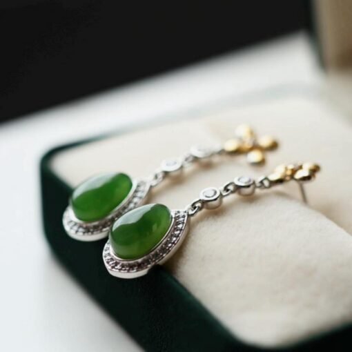 Natural green jade dangle Earrings/Sterling 925-Silver 18KGold-Plated  green Nephrite drops/Customize gift box/anniversary gift/unique gift - Image 3