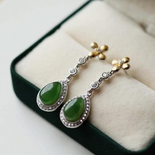 Natural green jade dangle Earrings/Sterling 925-Silver 18KGold-Plated  green Nephrite drops/Customize gift box/anniversary gift/unique gift - Image 4