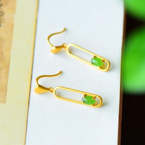 Natural green jade dangle Earrings/Sterling 925Silver 18KGold-Plated green Nephrite drops/Customize gift box/anniversary gift/geometric line - Image 5