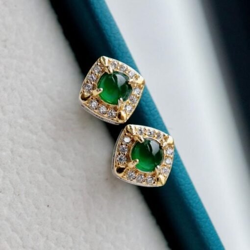 Natural jadeite Stud Earrings /Sterling 925Silver 18k Gold-Plated green jade Studs/Customize gift box/anniversary gift/Retro jade earrings - Image 5