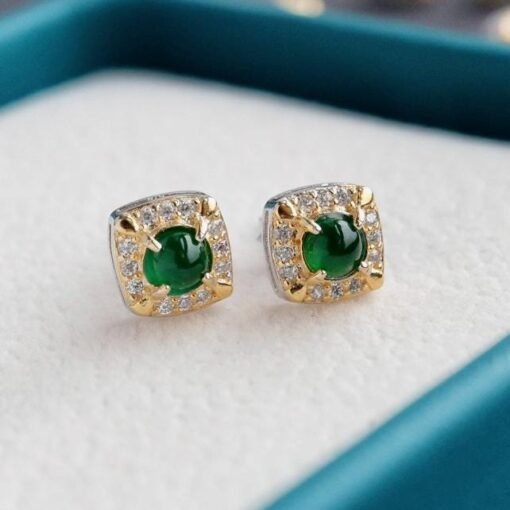 Natural jadeite Stud Earrings /Sterling 925Silver 18k Gold-Plated green jade Studs/Customize gift box/anniversary gift/Retro jade earrings - Image 3