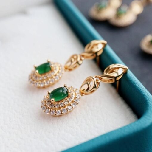Natural green jadeite dangle Earrings/Sterling 925Silver 18KGold-Plated jade drops/Customize gift box/anniversary gift/retro raw jade drops - Image 3