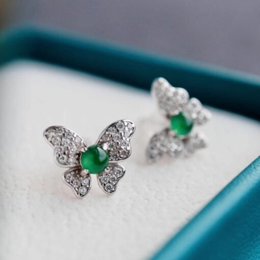 Natural jadeite Stud Earrings /Sterling 925 Silver 18k Gold-Plated green jade Studs/Customize gift box/anniversary gift/butterfly earrings - Image 3