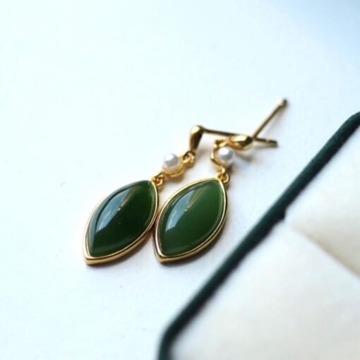 Natural green jade dangle Earrings/Sterling 925Silver 18KGold-Plated marquise jade drops/Customize gift box/anniversary retro raw jade drops - Image 4