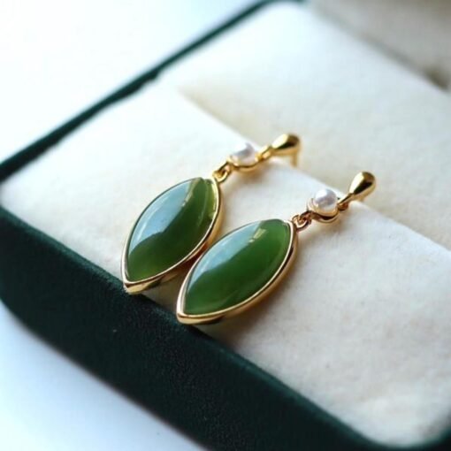 Natural green jade dangle Earrings/Sterling 925Silver 18KGold-Plated marquise jade drops/Customize gift box/anniversary retro raw jade drops - Image 3