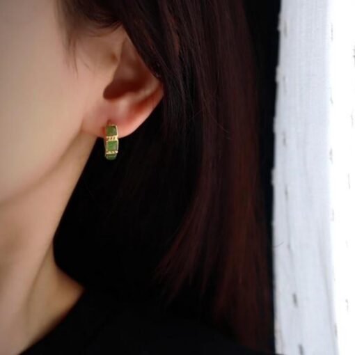 Natural green jade Stud Earrings /Sterling 925-Silver 18KGold-Plated green Nephrite Studs/Customize gift box/anniversary gift/retro court - Image 2
