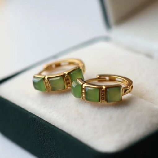 Natural green jade Stud Earrings /Sterling 925-Silver 18KGold-Plated green Nephrite Studs/Customize gift box/anniversary gift/retro court - Image 5