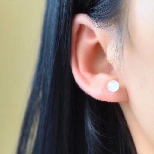 Natural white jade Stud Earrings/Sterling 925 Silver 18K Gold-Plated Nephrite Studs/Customize gift box/anniversary gift/minimalist earrings - Image 2
