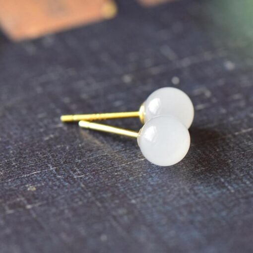 Natural white jade Stud Earrings/Sterling 925 Silver 18K Gold-Plated Nephrite Studs/Customize gift box/anniversary gift/minimalist earrings - Image 3