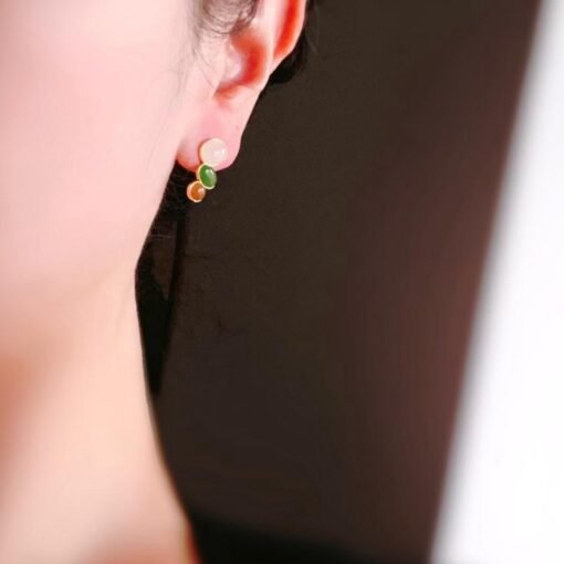 Natural green jade Stud Earrings /Sterling 925-Silver 18KGold-Plated white and red Nephrite Studs/Customize gift box/unique anniversary gift - Image 2