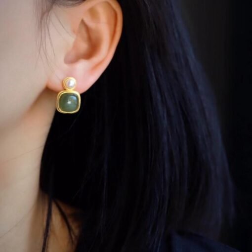 Natural gray jade Stud Earrings/Sterling 925 Silver 18K Gold-Plated Nephrite Studs/Customize gift box/anniversary gift/French style earrings - Image 2