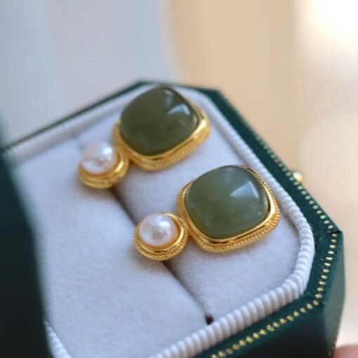 Natural gray jade Stud Earrings/Sterling 925 Silver 18K Gold-Plated Nephrite Studs/Customize gift box/anniversary gift/French style earrings - Image 3