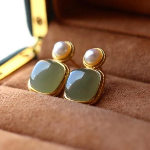 Natural gray jade Stud Earrings/Sterling 925 Silver 18K Gold-Plated Nephrite Studs/Customize gift box/anniversary gift/French style earrings - Image 4