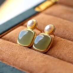 Natural gray jade Stud Earrings/Sterling 925 Silver 18K Gold-Plated Nephrite Studs/Customize gift box/anniversary gift/French style earrings