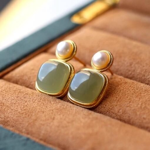Natural gray jade Stud Earrings/Sterling 925 Silver 18K Gold-Plated Nephrite Studs/Customize gift box/anniversary gift/French style earrings