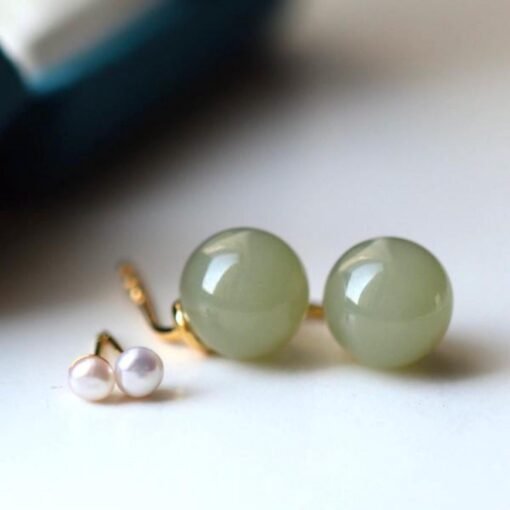 Natural jade Stud Earrings/Sterling 925 Silver 18K Gold-Plated Nephrite Studs/Customize gift box/anniversary gift/unique design earrings - Image 4