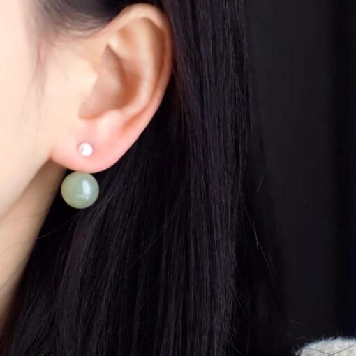 Natural jade Stud Earrings/Sterling 925 Silver 18K Gold-Plated Nephrite Studs/Customize gift box/anniversary gift/unique design earrings - Image 2