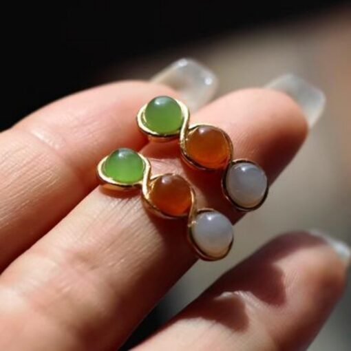 Natural rainbow jade Stud Earrings /Sterling 925-Silver 18KGold-Plated white and red Nephrite Studs/Customize gift box/anniversary gift - Image 4