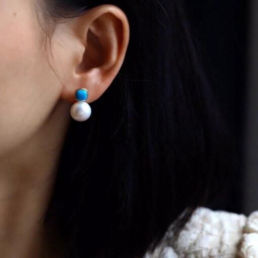 Natural pearl Stud Earrings /Sterling 925Silver 18KGold-Plated pearl Turquoise Stud/Customize gift box/June birthstone gift/anniversary gift - Image 2