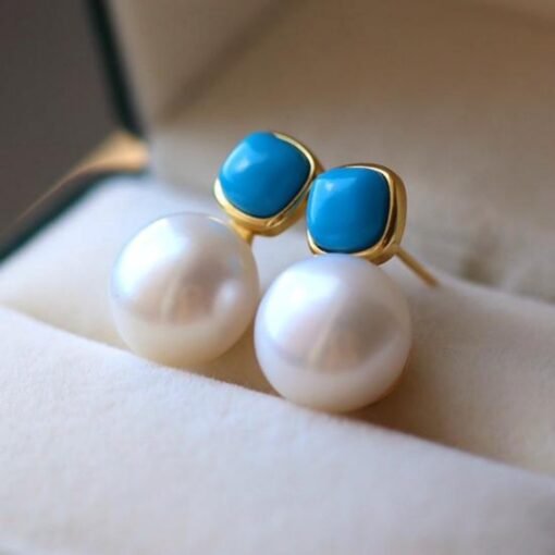 Natural pearl Stud Earrings /Sterling 925Silver 18KGold-Plated pearl Turquoise Stud/Customize gift box/June birthstone gift/anniversary gift - Image 3