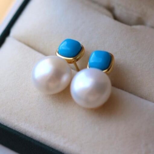 Natural pearl Stud Earrings /Sterling 925Silver 18KGold-Plated pearl Turquoise Stud/Customize gift box/June birthstone gift/anniversary gift - Image 5