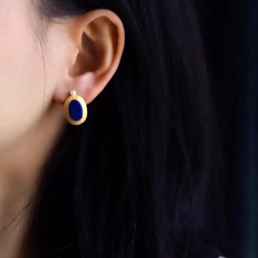 Natural Lapis lazuli Stud Earrings/Sterling 925 Silver Gold-Plated Lapis lazuli Studs/Customize gift box/anniversary gift/retro court studs - Image 3