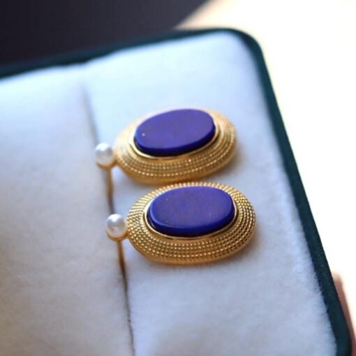 Natural Lapis lazuli Stud Earrings/Sterling 925 Silver Gold-Plated Lapis lazuli Studs/Customize gift box/anniversary gift/retro court studs - Image 4