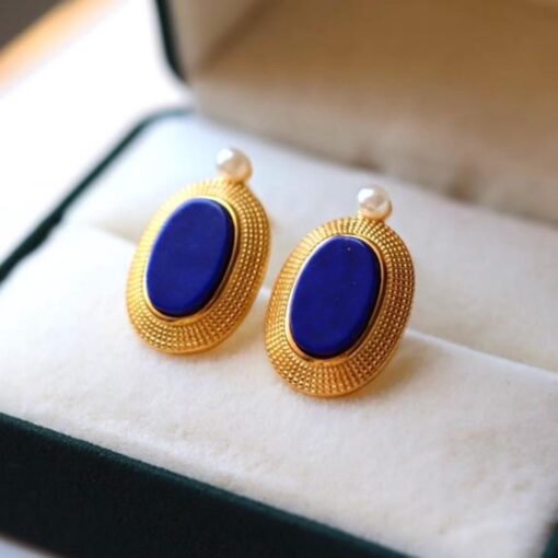 Natural Lapis lazuli Stud Earrings/Sterling 925 Silver Gold-Plated Lapis lazuli Studs/Customize gift box/anniversary gift/retro court studs - Image 5