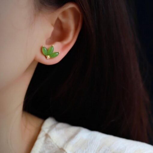 Natural green jade Stud Earrings /Sterling 925Silver 18K Gold-Plated jade Studs/Customize gift box/genuine jade earrings/anniversary gift - Image 2