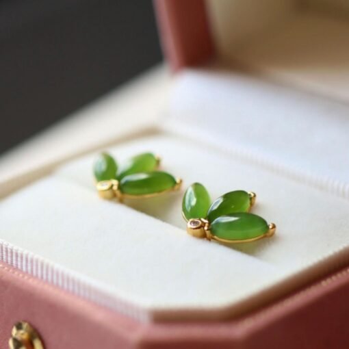 Natural green jade Stud Earrings /Sterling 925Silver 18K Gold-Plated jade Studs/Customize gift box/genuine jade earrings/anniversary gift - Image 3