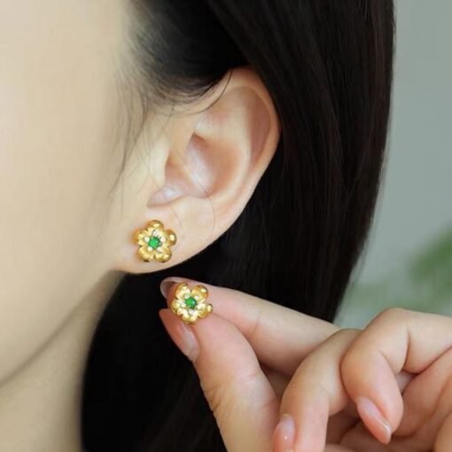 Natural green jade Stud Earrings /Sterling 925Silver 18K Gold-Plated jadeite Studs/Customize gift box/anniversary gift/raw jadeite earrings - Image 2