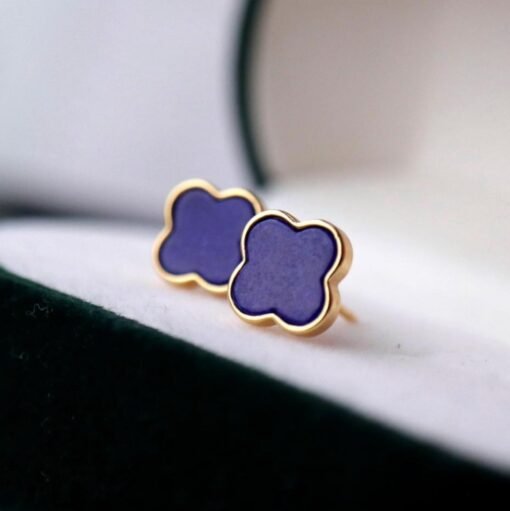 Natural Lapis lazuli Stud Earrings /Sterling 925-Silver Gold-Plated Lapis lazuli Studs/Customize gift box/anniversary gift/Three-leaf clover - Image 3