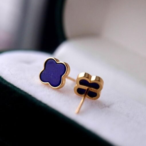 Natural Lapis lazuli Stud Earrings /Sterling 925-Silver Gold-Plated Lapis lazuli Studs/Customize gift box/anniversary gift/Three-leaf clover - Image 4