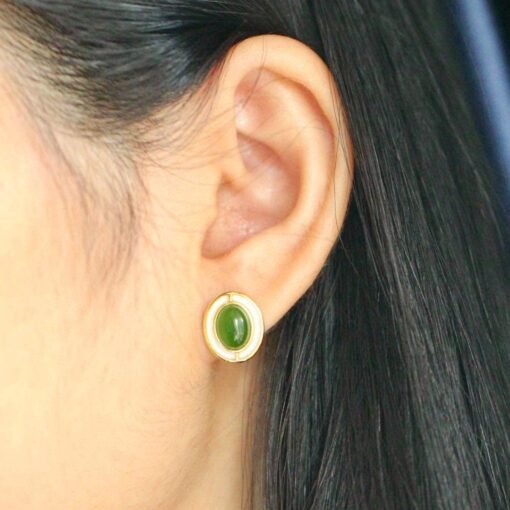 Natural green jade Stud Earrings /Sterling 925Silver 18K Gold-Plated jade Studs with Mother of Pearl/Customize gift box/anniversary gift - Image 3
