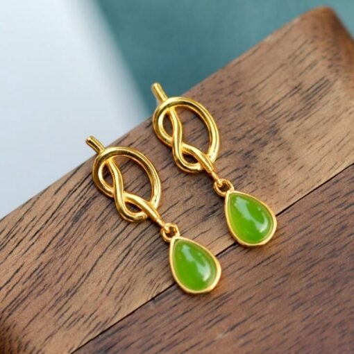 Natural green jade Earrings /Sterling 925 Silver 18KGold-Plated jade drop & dangle earrings/Customize gift box/genuine jade/anniversary gift - Image 4