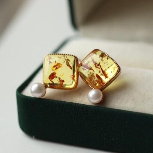 Natural pearl Stud Earrings /Sterling 925 Silver 18K Gold-Plated pearl Studs with Floral amber/Customize gift box/June birthstone gift - Image 3