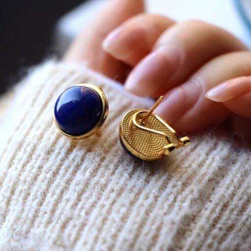 Natural Lapis lazuli Stud Earrings/Sterling 925 Silver Gold-Plated Lapis lazuli Studs in Mother of Pearl/Customize gift box/anniversary gift - Image 5