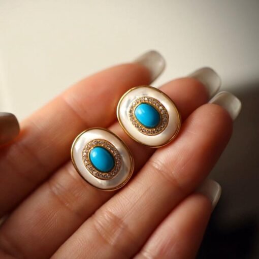 Natural turquoise Stud Earrings/Sterling 925 Silver Gold-Plated turquoise Studs with Mother of Pearl/Customize gift box/December birthstone - Image 3