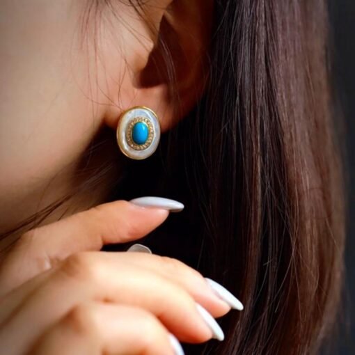 Natural turquoise Stud Earrings/Sterling 925 Silver Gold-Plated turquoise Studs with Mother of Pearl/Customize gift box/December birthstone - Image 2