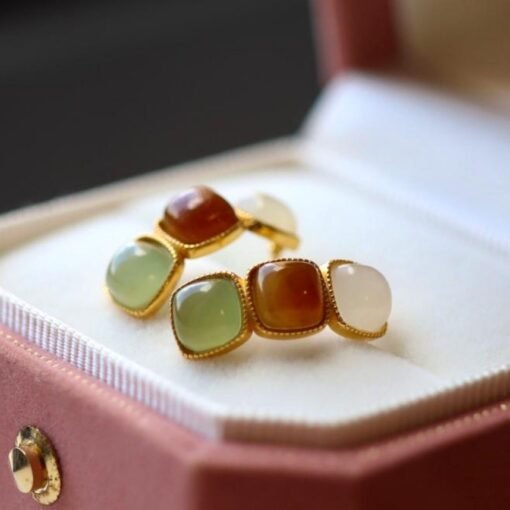 Natural jade Stud Earrings /Sterling 925-Silver 18K Gold-Plated rainbow jade Studs/Customize gift box/genuine jade earrings/anniversary gift - Image 4