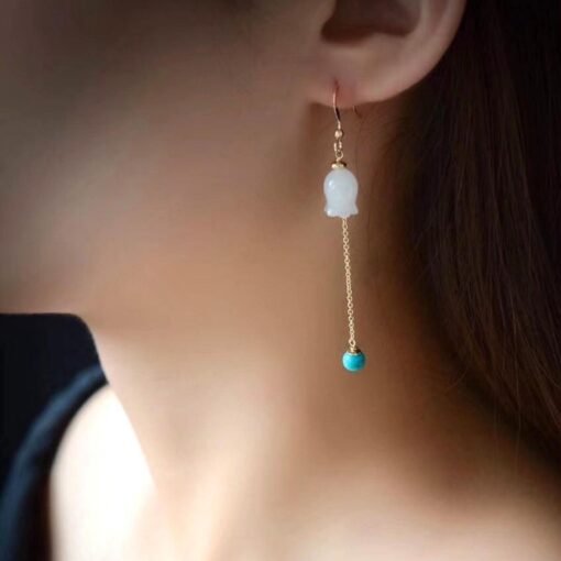 Natural jade dangle & drop Earrings/Sterling 925Silver 18KGold-Plated jade earrings/Customize gift box/lily of the valley earrings turquoise - Image 2