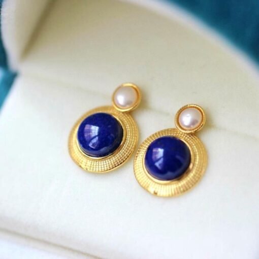 Natural Lapis lazuli Stud Earrings/Sterling 925 Silver 18k Gold-Plated Lapis lazuli Studs with pearl/Customize gift box/anniversary gift - Image 4