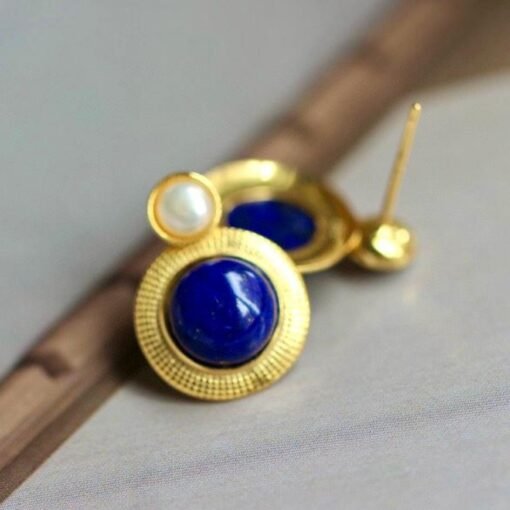 Natural Lapis lazuli Stud Earrings/Sterling 925 Silver 18k Gold-Plated Lapis lazuli Studs with pearl/Customize gift box/anniversary gift - Image 5