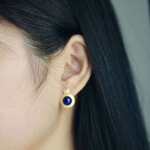 Natural Lapis lazuli Stud Earrings/Sterling 925 Silver 18k Gold-Plated Lapis lazuli Studs with pearl/Customize gift box/anniversary gift - Image 2